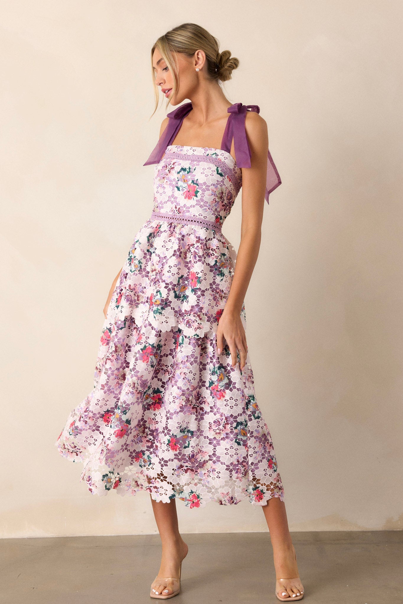 Romance In Bloom Lavender Floral Embroidered Midi Dress