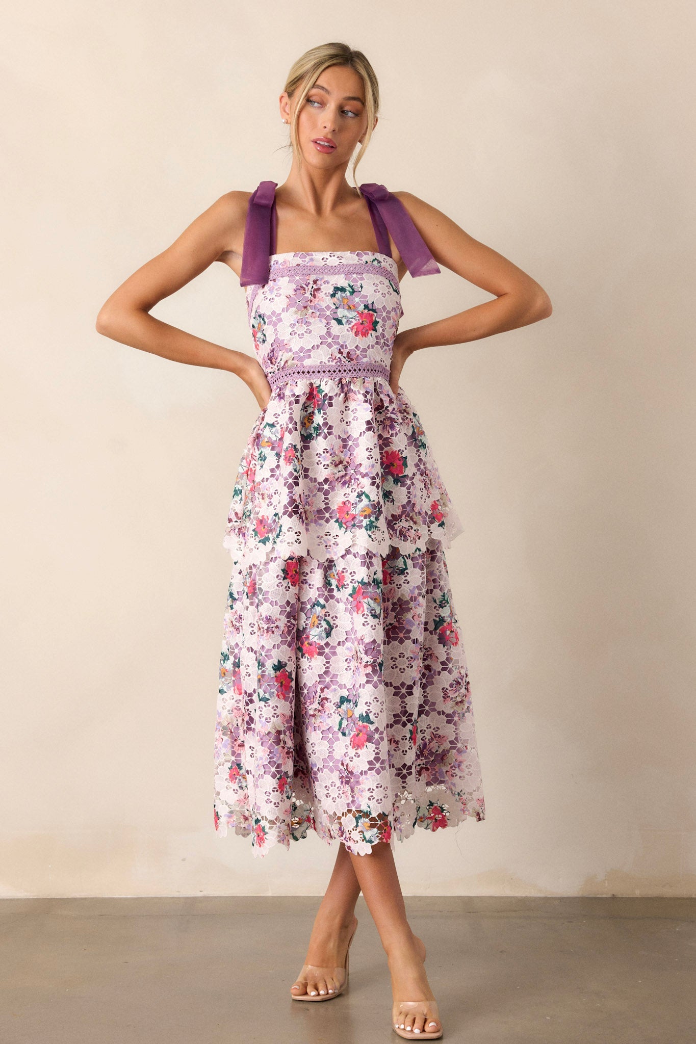 Romance In Bloom Lavender Floral Embroidered Midi Dress