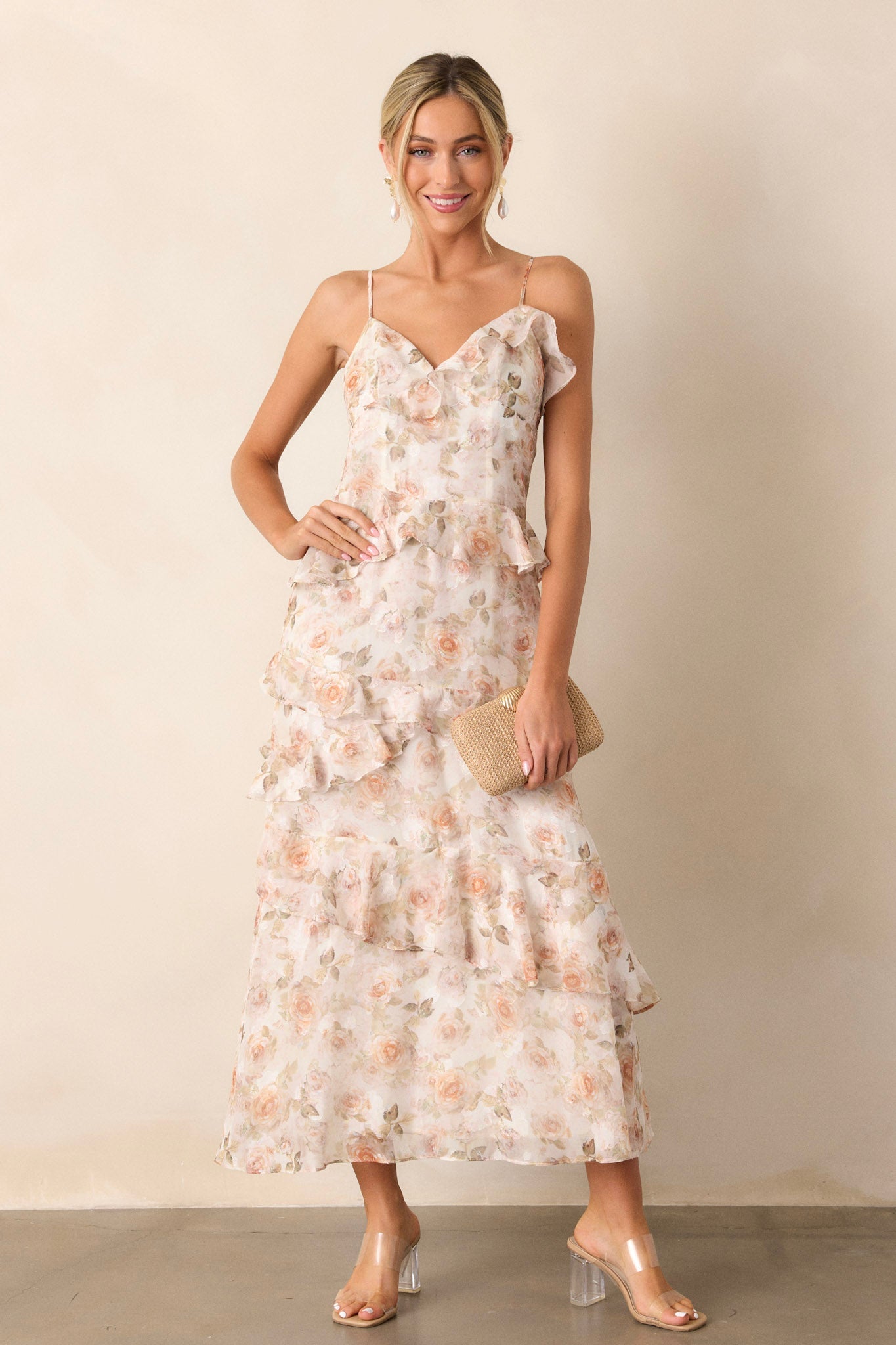 Searching For Love Ivory Floral Ruffle Midi Dress