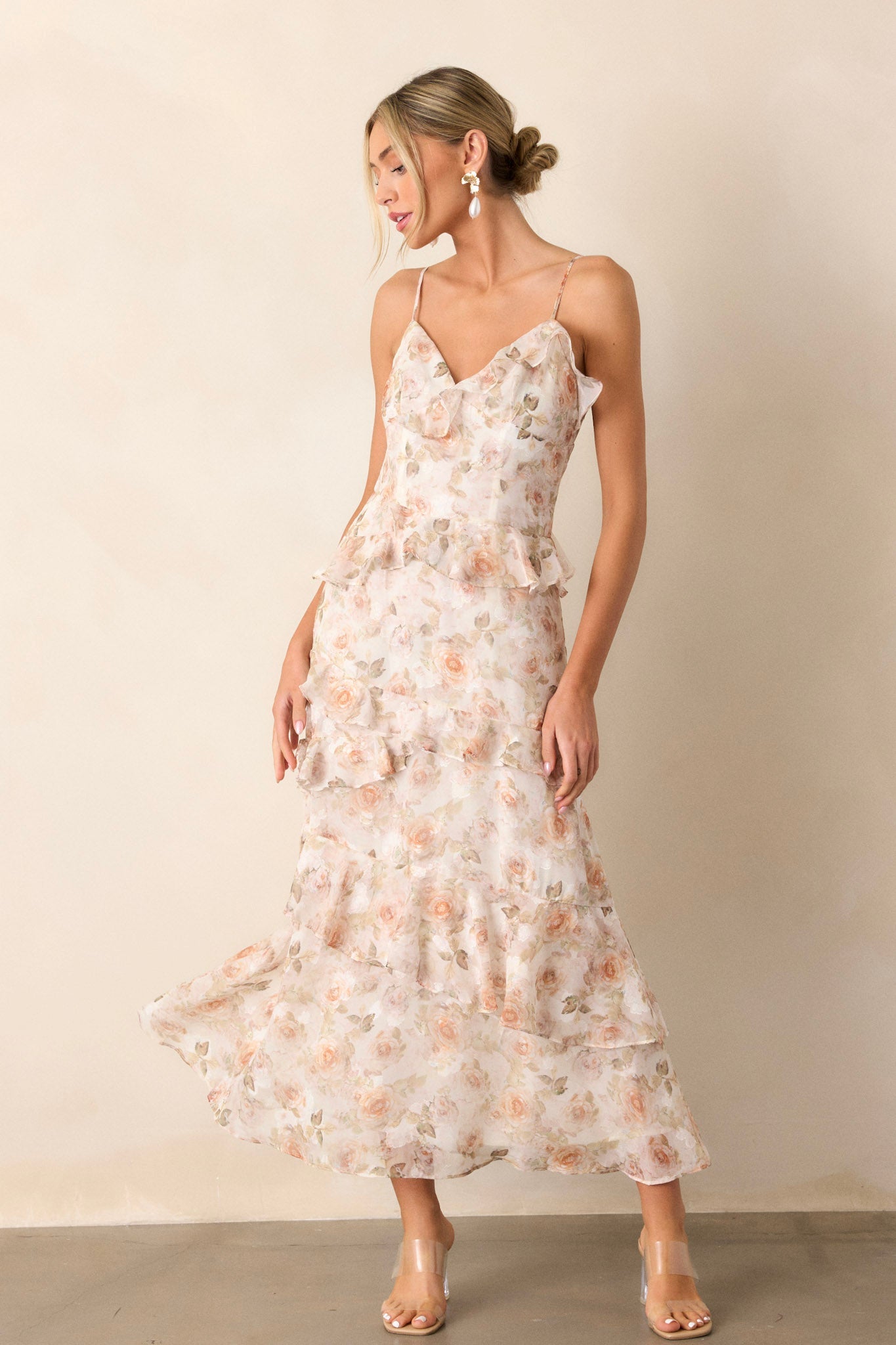 Searching For Love Ivory Floral Ruffle Midi Dress