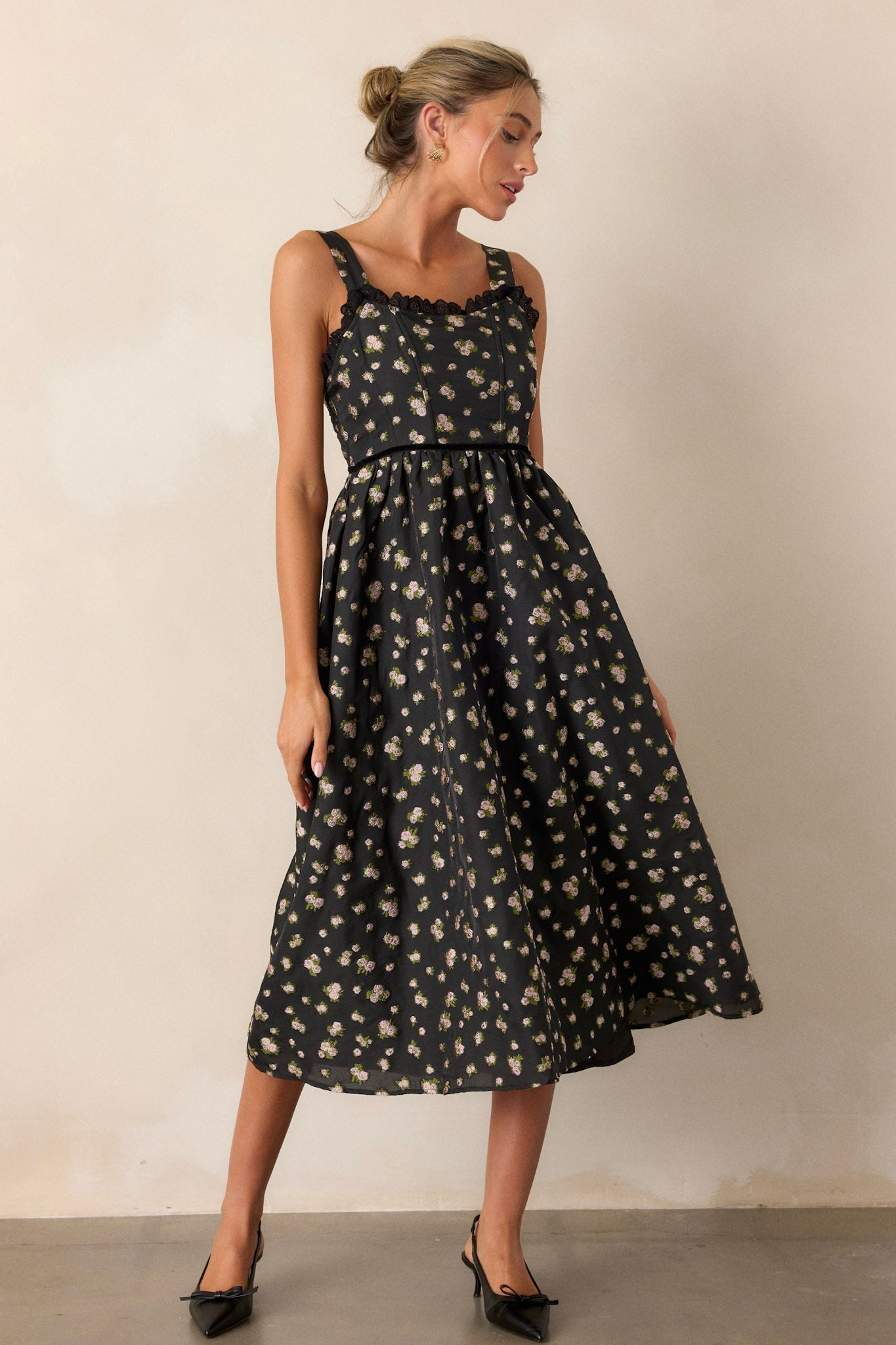 Going Out Again Black Floral Midi Dress
