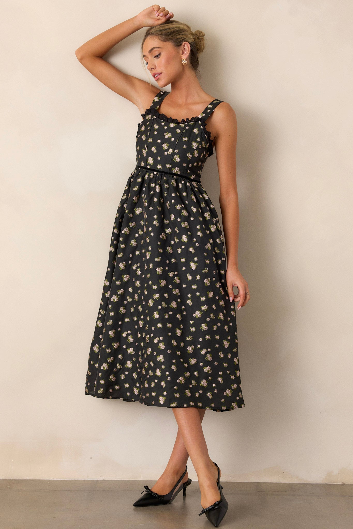 Going Out Again Black Floral Midi Dress