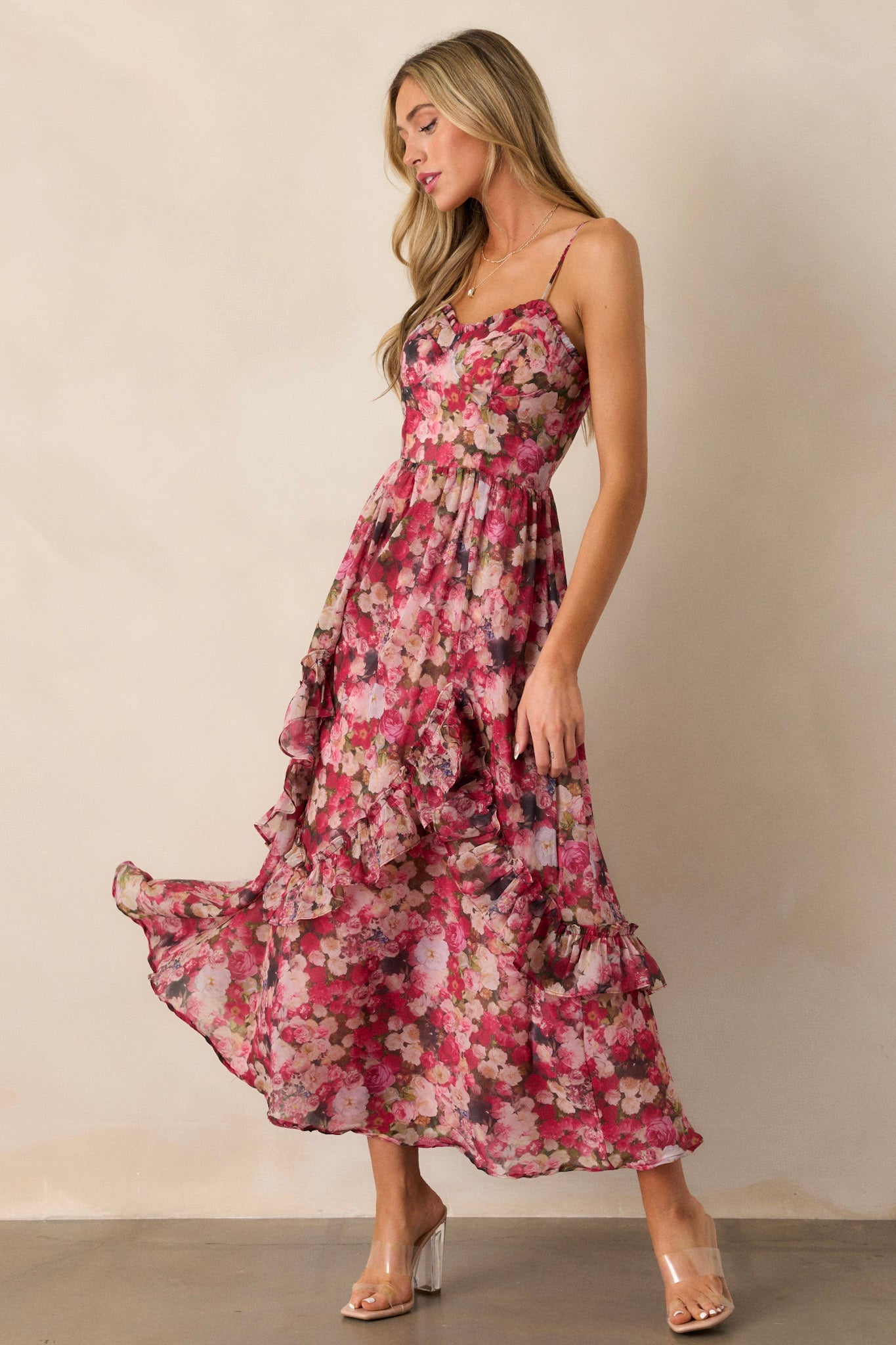 Honey Bee Pink Floral Ruffle Midi Dress