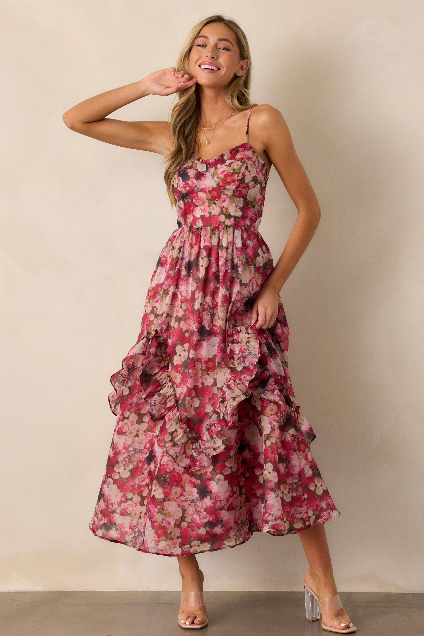 Honey Bee Pink Floral Ruffle Midi Dress