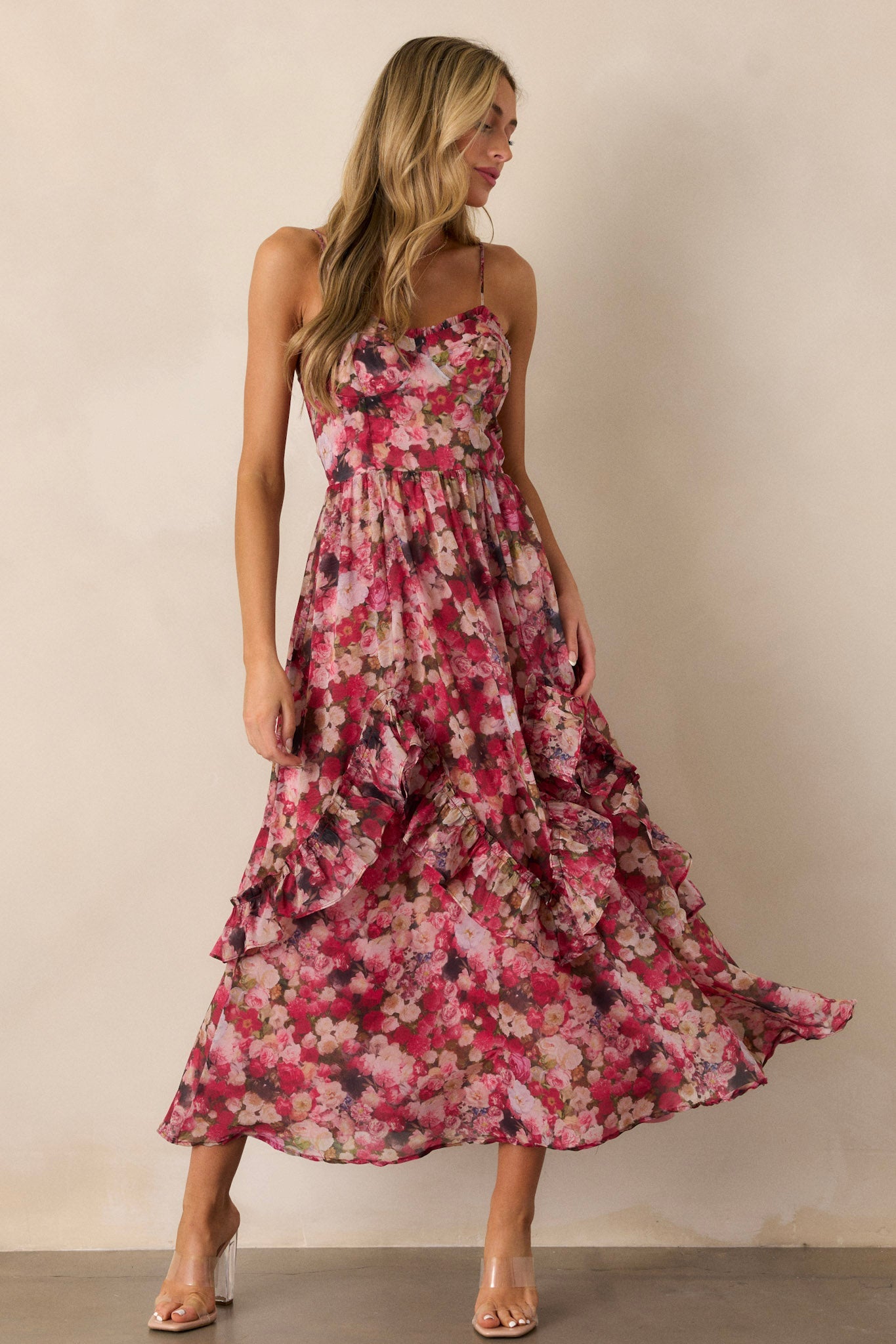 Honey Bee Pink Floral Ruffle Midi Dress