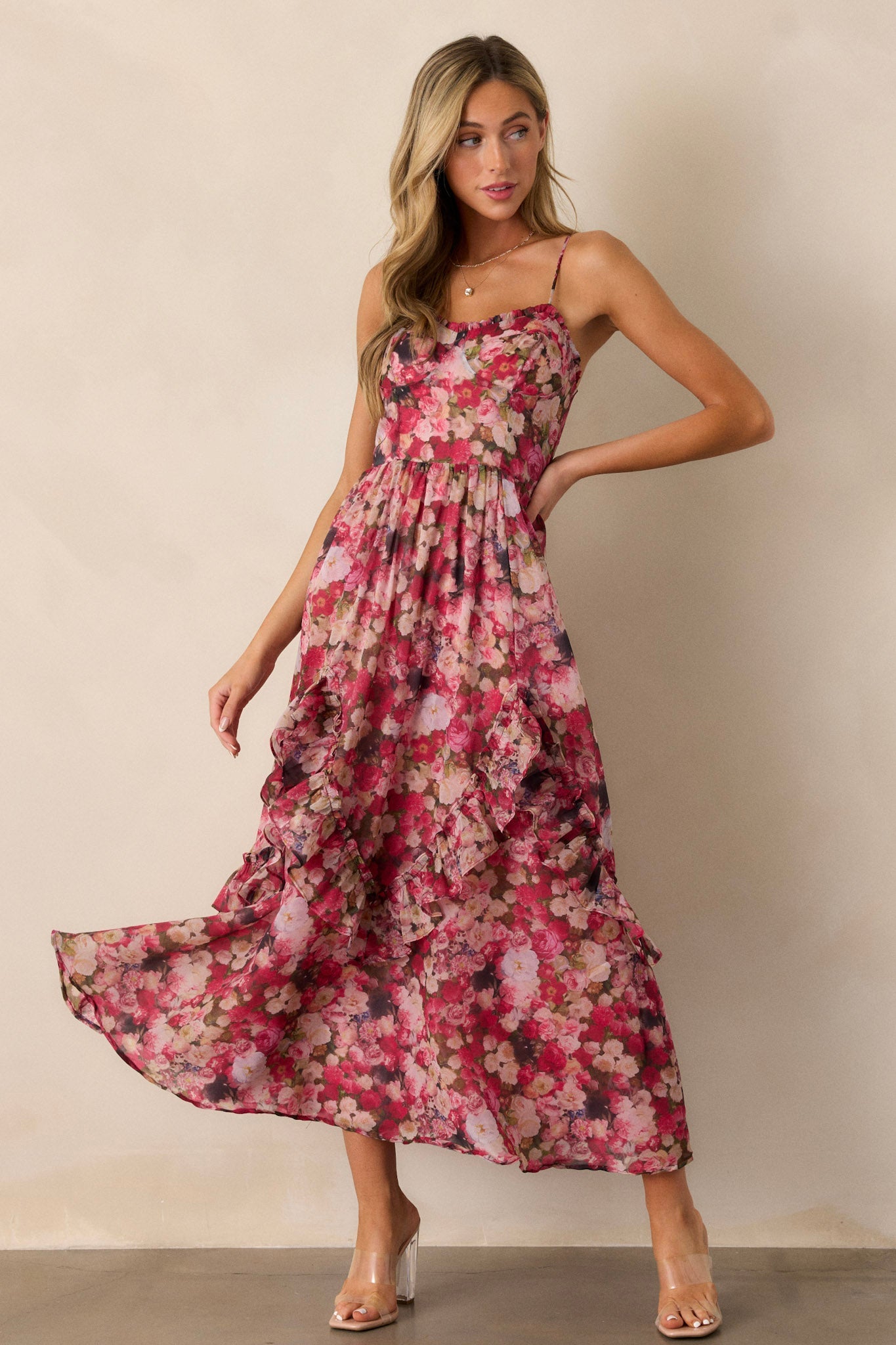 Honey Bee Pink Floral Ruffle Midi Dress