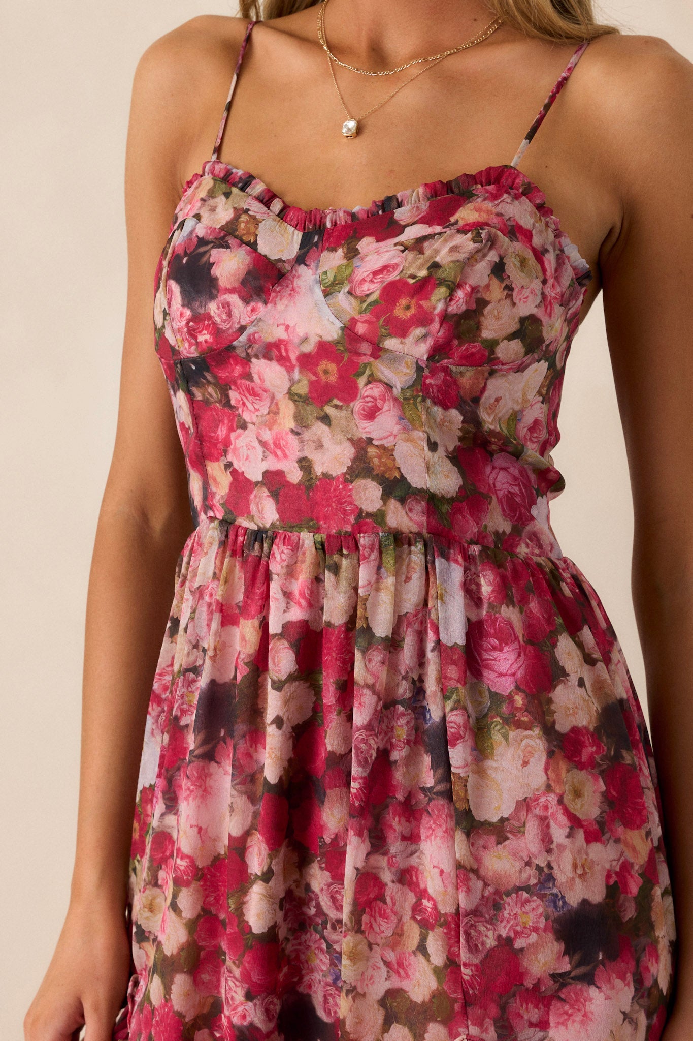 Honey Bee Pink Floral Ruffle Midi Dress