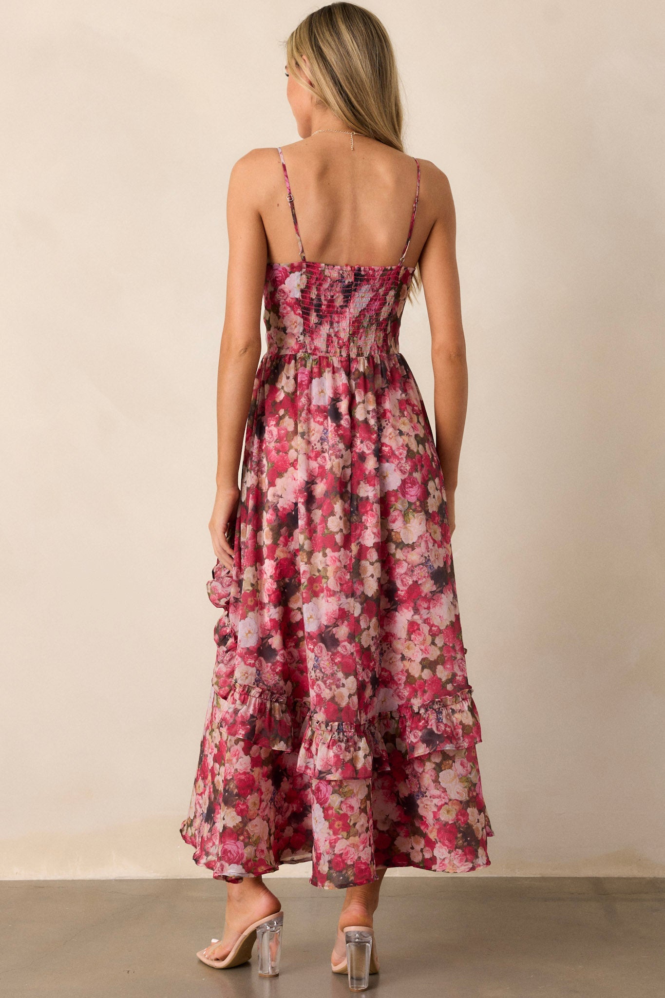 Honey Bee Pink Floral Ruffle Midi Dress