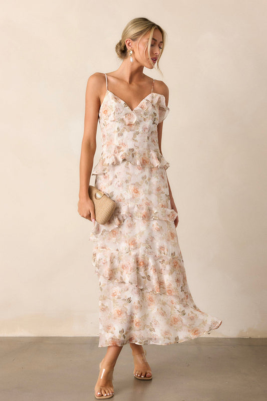 Searching For Love Ivory Floral Ruffle Midi Dress