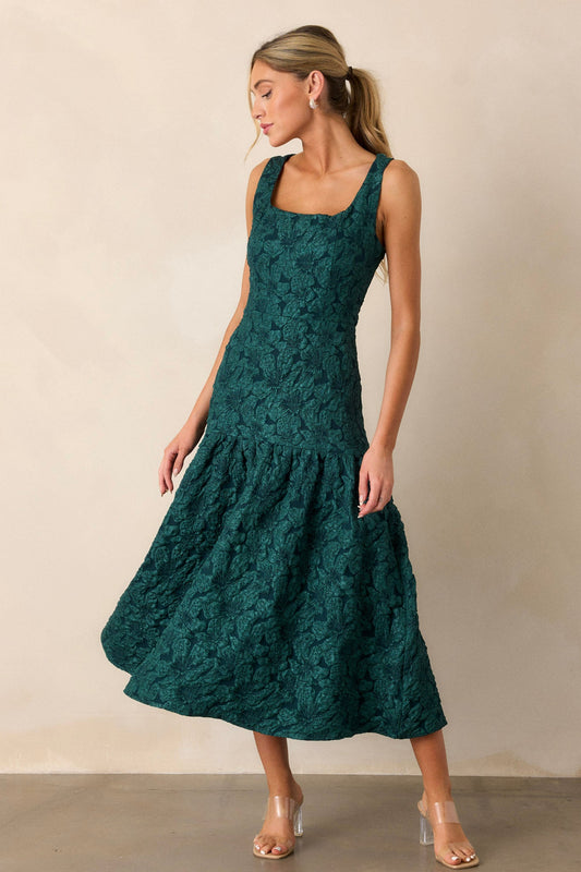 Moments of Clarity Jacquard Green Drop Waist Midi Dress
